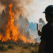 A firefighter watches the flames from the Palisades Fire burning homes on the Pacific Coast Highway amid a powerful windstorm on January 8, 2025 in Los Angeles, California.