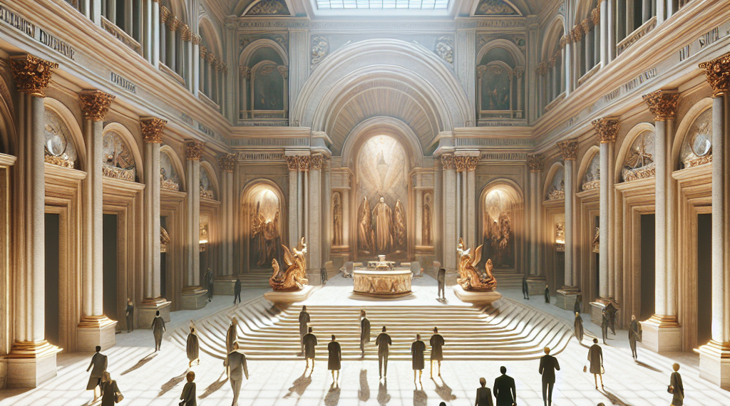 A large red abstract sculpture above a field of flowers.