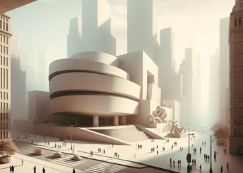 A green-toned abstract paintings with three diagonal blue lines with a brown diagonal line weaving through them.