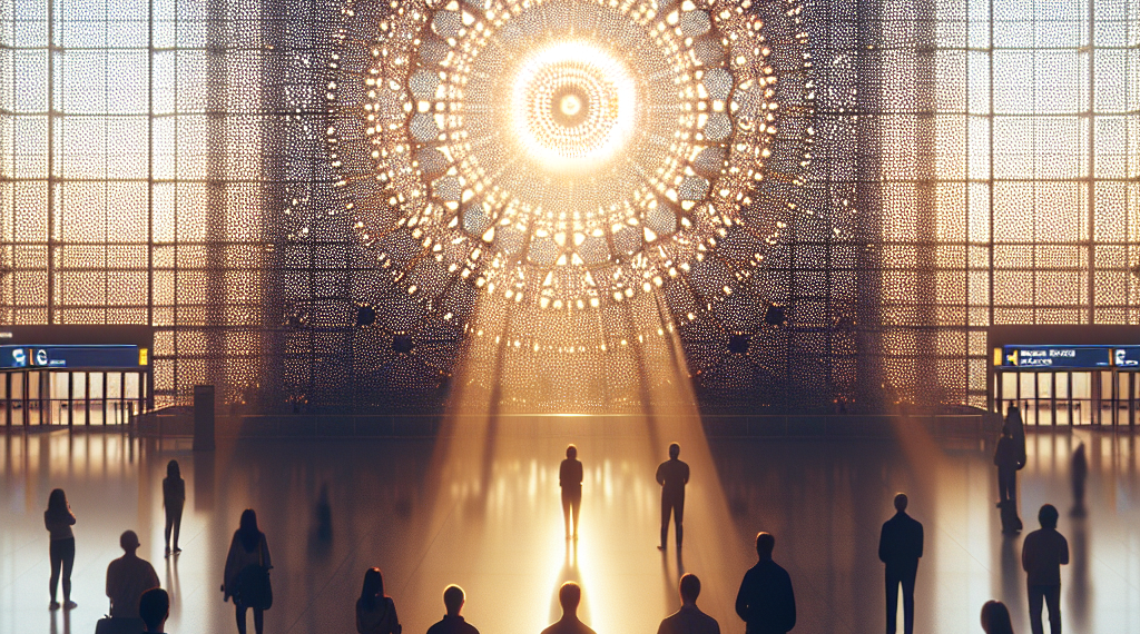 A long pedestrian tunnel features a colorful carpet and wall paneling, making the pedestrian feel like they