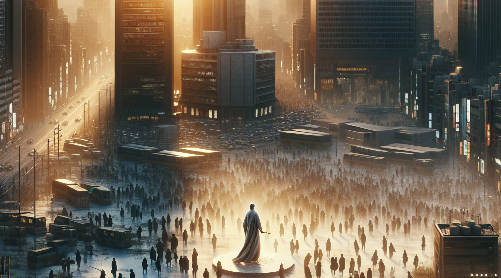 Photo of a fruit cart vendor with a woman in headscarf walking behind him. The background is a wall with graffiti of an American flag and Arabic text.