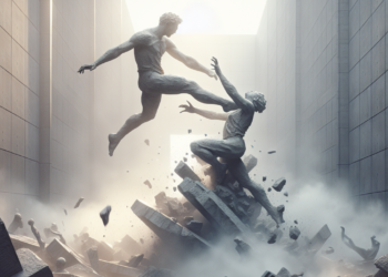 Korean-American artist Michael Joo is photographed at an art exhibition. He wears a black winter jacket and sunglasses.
