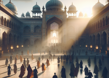 A multi-colored textile depicting whorls, flora, and figures from Hindu mythology.