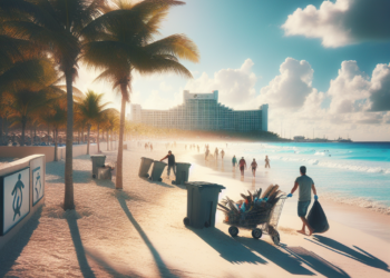 Familias limpian Playa Delfines en Cancún