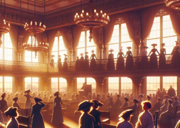 Marya Grandy (Carrie Chapman Catt) and company in the First National Touring Company of SUFFS. Photo by Joan Marcus, 2025.