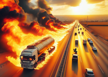 Un camión cisterna envuelto en llamas atraviesa el centro de Hasakah (Siria)