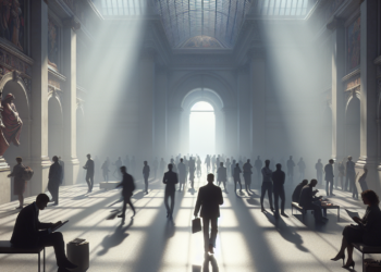 A man with a big white beard making a drawing at a table.