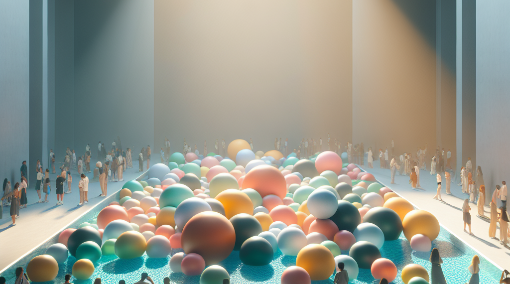 a large warehouse-like space with with a giant ball pit filled with colorful balls and people standing among them