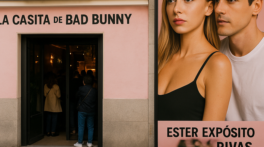 Los actores Ester Expósito y Martiño Rivas y los futbolistas Álvaro Carreras e Isi Palazón, en La Casita de Bad Bunny en el primer concierto en Madrid | Cultura