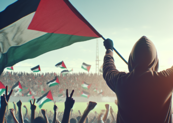 Lamine ondea la bandera de Palestina en la celebración del Barcelona