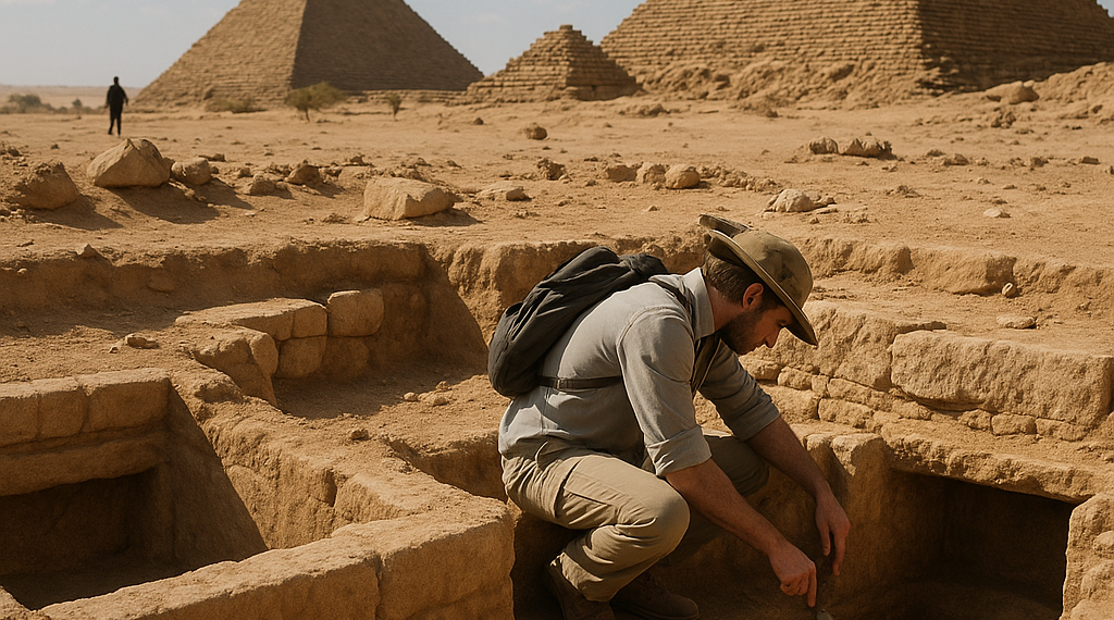 Stone ruins buried beneath sand.