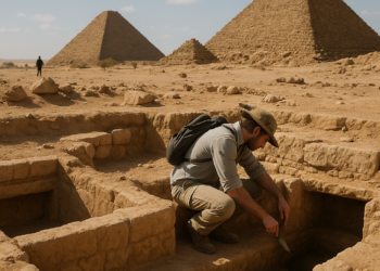 Stone ruins buried beneath sand.