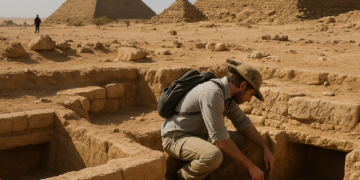 Stone ruins buried beneath sand.