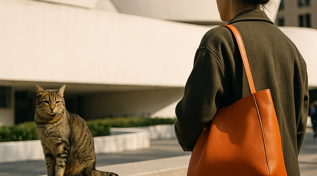 Two set of hands hold an orange handbag.