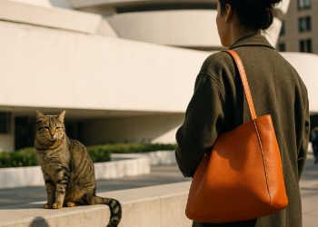 Two set of hands hold an orange handbag.
