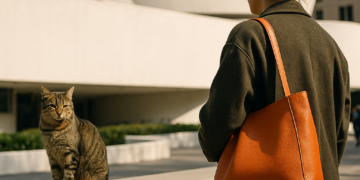 Two set of hands hold an orange handbag.