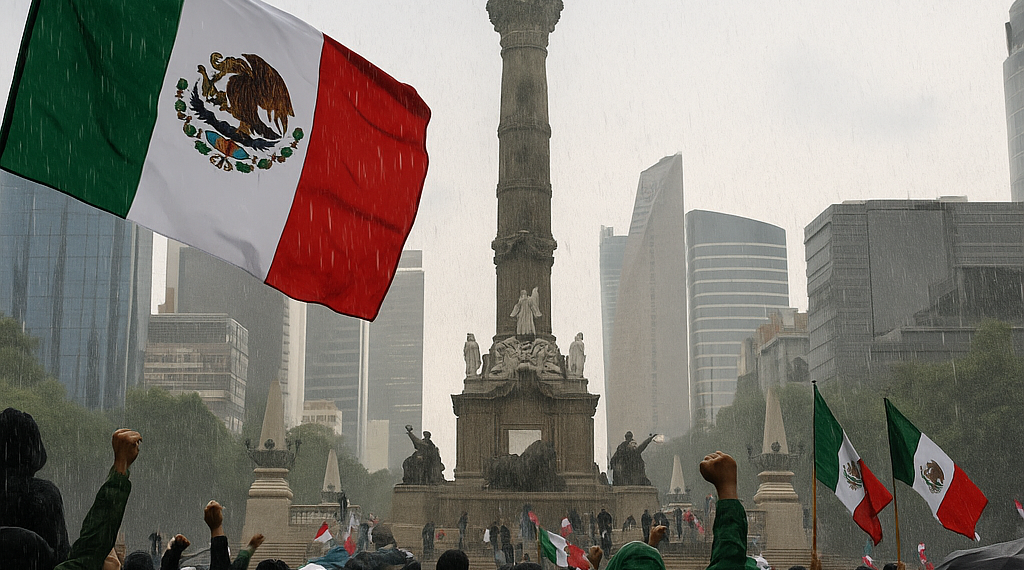 Festejan en el Ángel victoria con lluvia