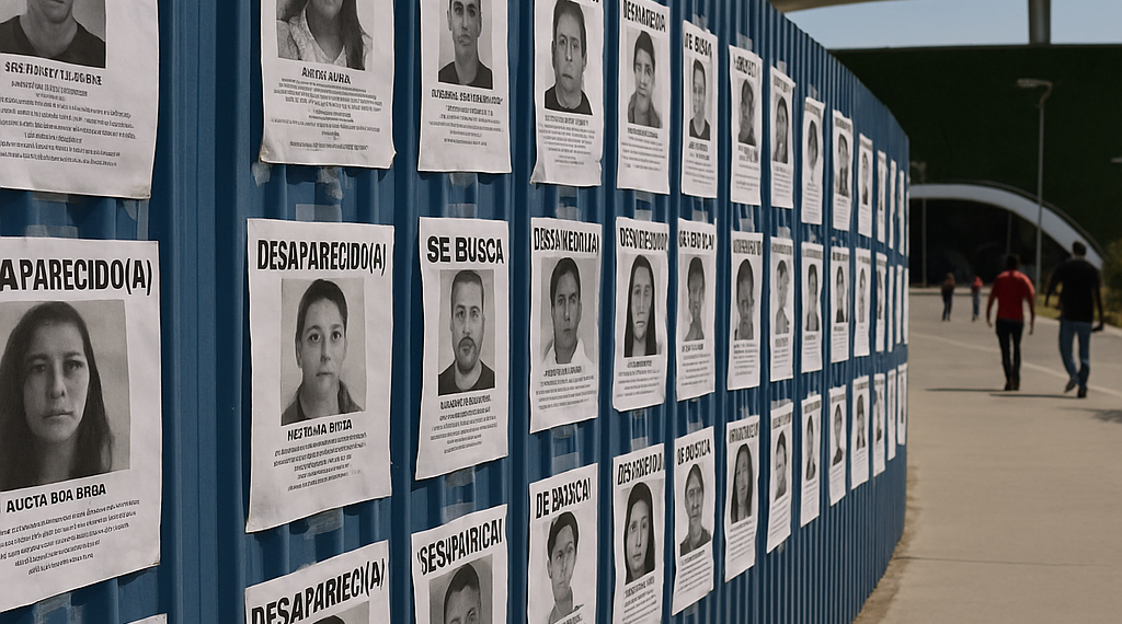 Familiares de desaparecidos cuelgan carteles cerca del Estadio Guadalajara previo al México-Corea del Sur