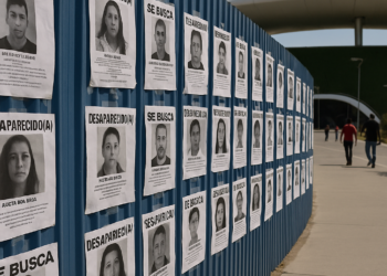 Familiares de desaparecidos cuelgan carteles cerca del Estadio Guadalajara previo al México-Corea del Sur