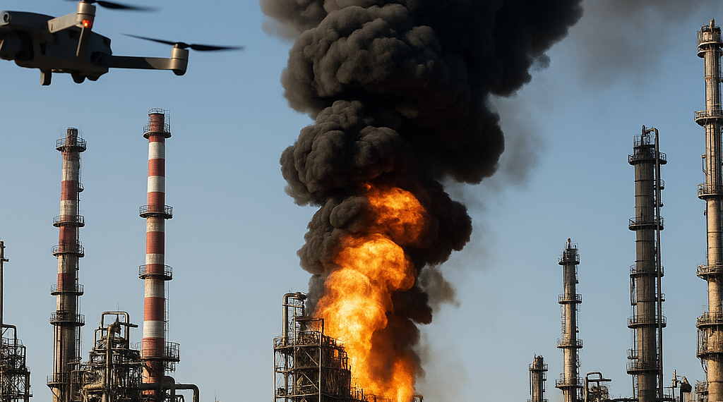 El momento en el que un drone ucraniano impactó una refinería de Moscú y lanzó por los aires la tapa de un tanque