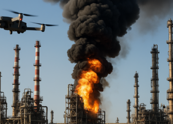 El momento en el que un drone ucraniano impactó una refinería de Moscú y lanzó por los aires la tapa de un tanque