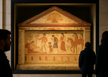 Italy displays Etruscan paintings from an ancient tomb
