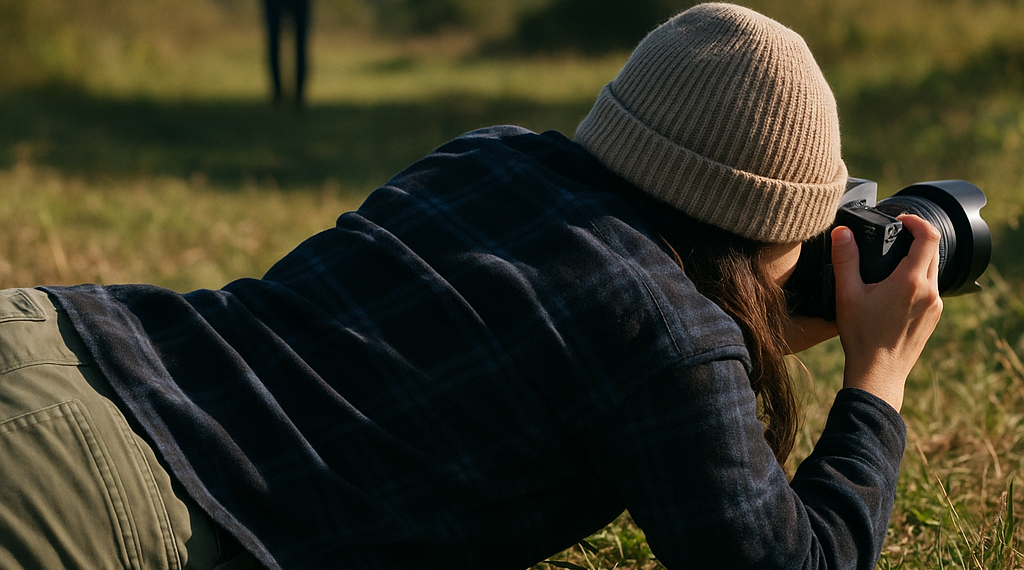 A woman is buried in sand; you see only her arms, hair, and a wire to push the camera button.