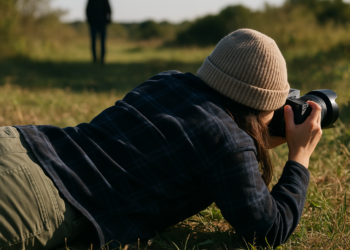 A woman is buried in sand; you see only her arms, hair, and a wire to push the camera button.