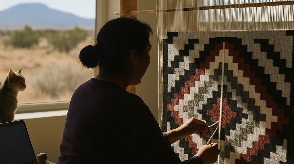 An indigenous woman with long gray hair weaves at a loom.