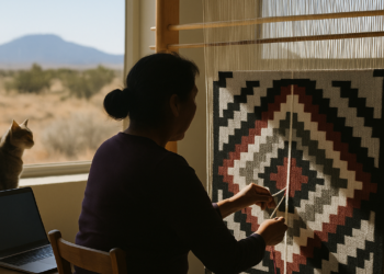 An indigenous woman with long gray hair weaves at a loom.