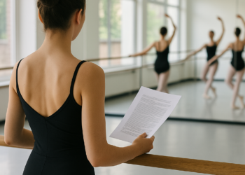 Matthew Rushing leads a group of students in the studio. He lunges in 4th position with both arms opening side.