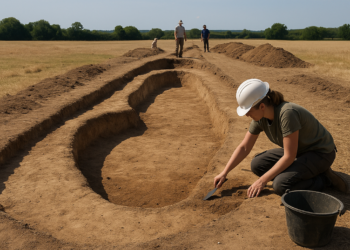 Oxford Cotswold Archaeology field archaeologists excavating the long enclosure using tools such as shovels, wheelbarrows and hoes