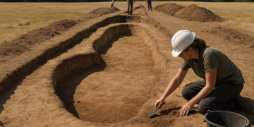 Oxford Cotswold Archaeology field archaeologists excavating the long enclosure using tools such as shovels, wheelbarrows and hoes