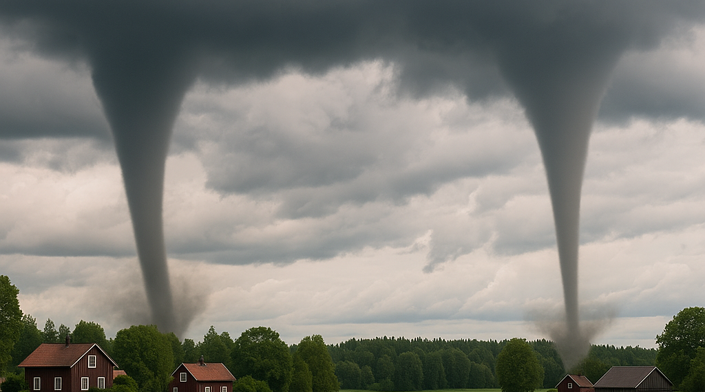 Graba un tornado doble simultáneo atravesando unos lagos y campos en Suecia