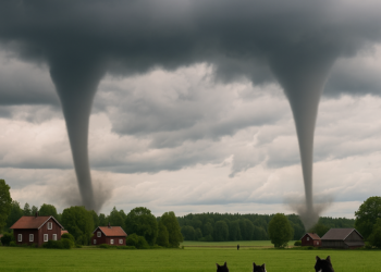 Graba un tornado doble simultáneo atravesando unos lagos y campos en Suecia