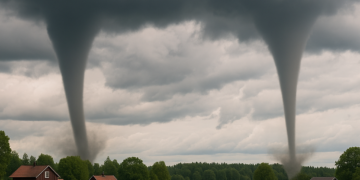 Graba un tornado doble simultáneo atravesando unos lagos y campos en Suecia