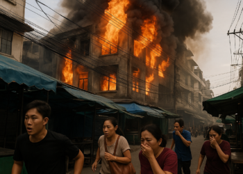 Varias personas huyen despavoridas de un incendio mortal en un local de Bangkok
