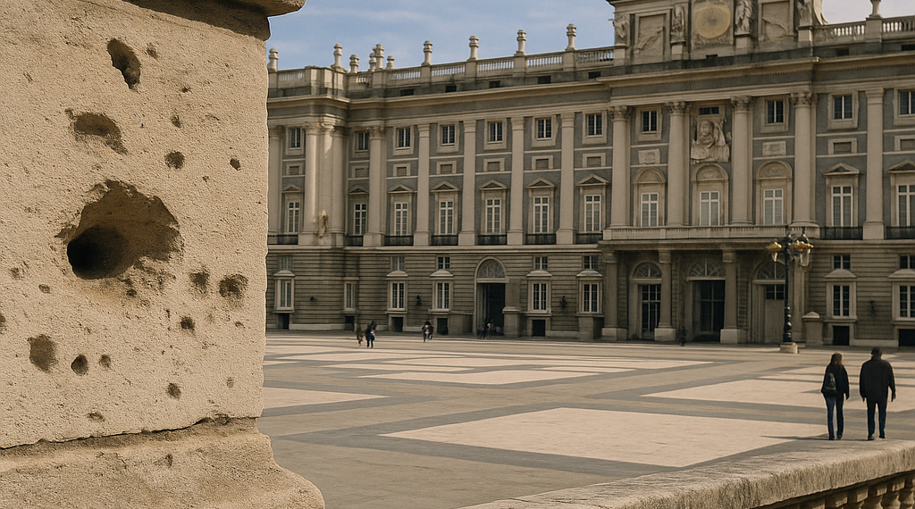Un teniente de la Guardia Civil señala los impactos de metralla en uno de los muros del Palacio Real de Madrid, el pasado miércoles.