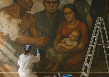 Julio Escámez, The Beginning (1972) at its unveiling, Chillán City Hall, June, 1973