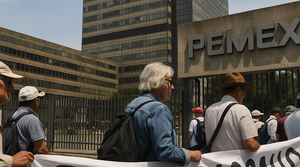 Jubilados se manifiestan en Torre de Pemex contra tope a pensiones doradas