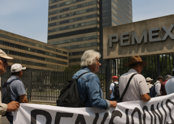 Jubilados se manifiestan en Torre de Pemex contra tope a pensiones doradas