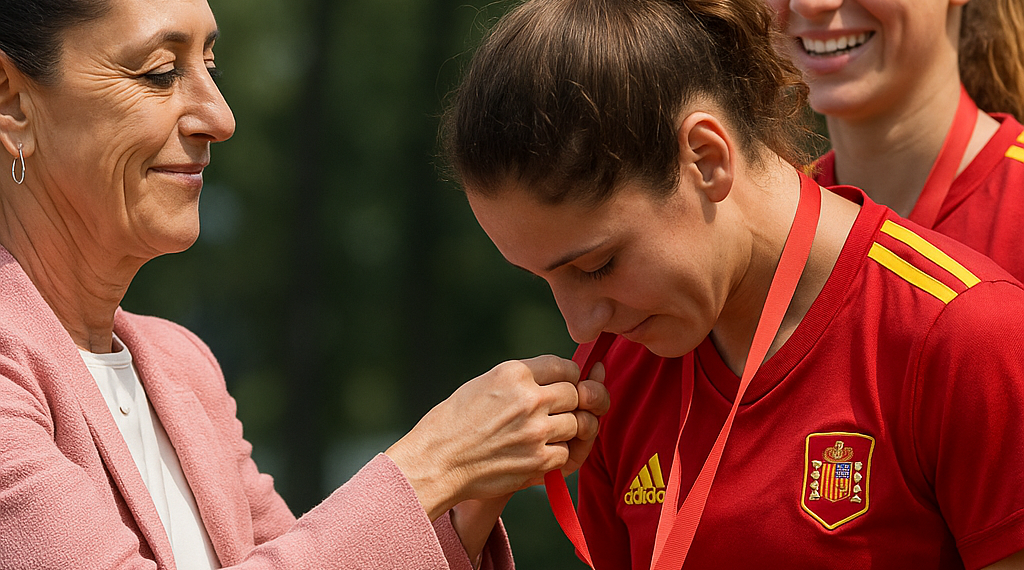 Entrega Sheinbaum medallas a España en Final del Mundial