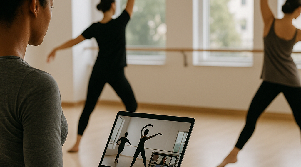 Photo of a dance instructor leading a group of young children practicing a cross-armed movement in a studio with brick walls and wood floors.