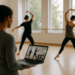 Photo of a dance instructor leading a group of young children practicing a cross-armed movement in a studio with brick walls and wood floors.