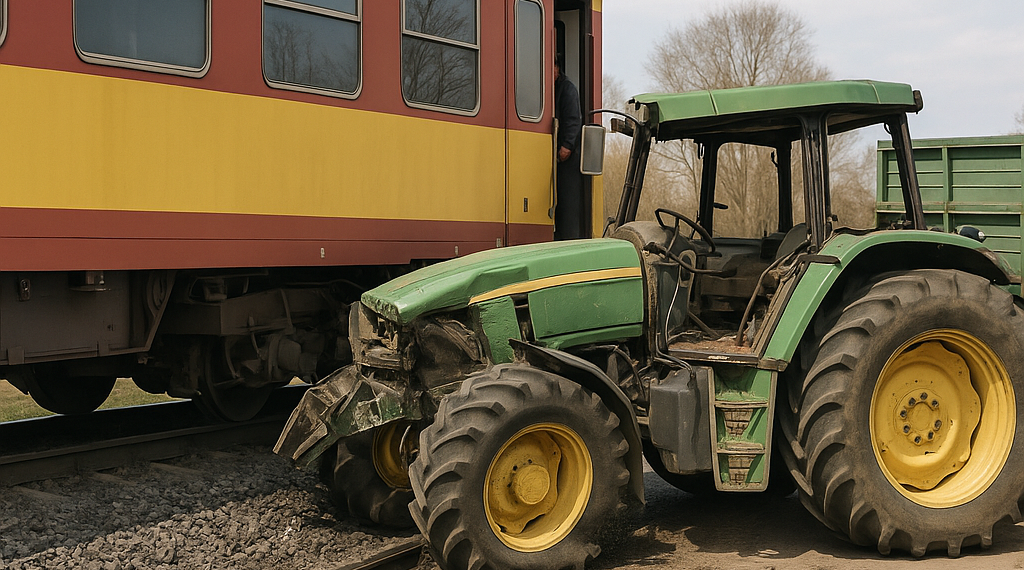 Momento en el que un tren embiste a un tractor que se quedó parado en un paso a nivel