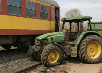 Momento en el que un tren embiste a un tractor que se quedó parado en un paso a nivel