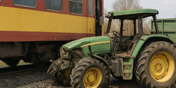 Momento en el que un tren embiste a un tractor que se quedó parado en un paso a nivel