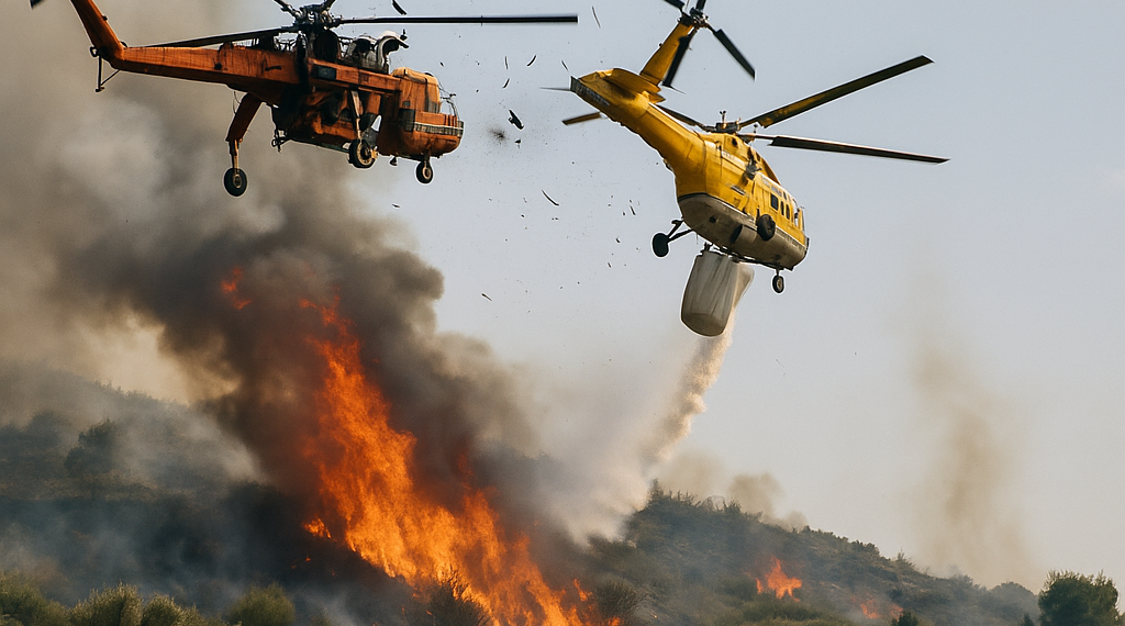 El impactante momento en que dos helicópteros chocaron mientras combatían un incendio forestal en Grecia
