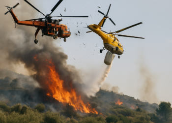 El impactante momento en que dos helicópteros chocaron mientras combatían un incendio forestal en Grecia