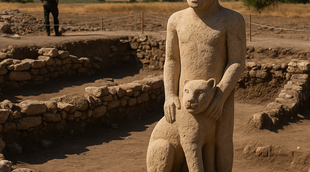 A statue of a man riding a leopard at the Neolithic site Karahan Tepe in Turkey.